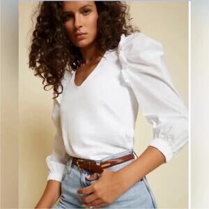 Nation LTD Remi Prim Combo Ruffle Puff Sleeve Tee in Optic White XS